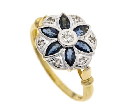 Art Déco Saphir-Diamant-Ring GG/WG 750/000 ungest., gepr., in Blütenform mit 6 fac. Saphir-Navettes 4,3 x 2,2 mm Blau, transp
