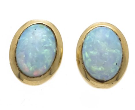 Opal-Ohrstecker GG 585/000 mit 2 ovalen Opal-Cabochons 7 x 5 mm mit sehr gutem, lebhaftem Farbenspiel, L. 9 mm, 1,7 g