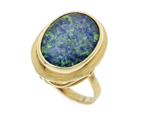 Opal-Tripletten-Ring GG 585/000 mit einer ovalen Opal-Triplette 15,4 x 11,8 mm in blaugrünem Farbenspiel, RG 52, 4,9 g