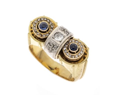 Saphir-Diamant-Ring GG/WG 585/000 mit 2 rund fac. Saphiren 3 mm, einem Altschliff-Diamanten 0,10 ct l.get.W/PI und Diamantros