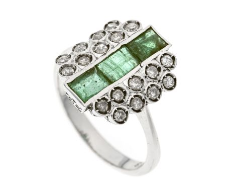 Smaragd-Diamant-Ring WG 585/000 mit 3 fac. Smaragd-Baguettes 5,4 x 3,5 mm Grün, transluzent und 18 Achtkant-Diamanten, zus. 0