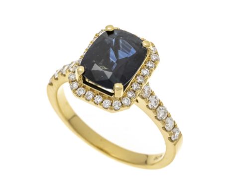 Saphir-Brillant-Ring GG 750/000 mit einem im Cushion-Schliff fac. Saphir 2,98 ct, in einem leuchtenden Dunkelblau, transparen