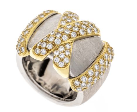 Design Kreuz-Ring WG/GG 750/000 partiell matt gebürstet mit 87 Brillanten, zus. 1,74 ct TW/VVS, B. 17,5 mm, RG 55, 23,7 g
