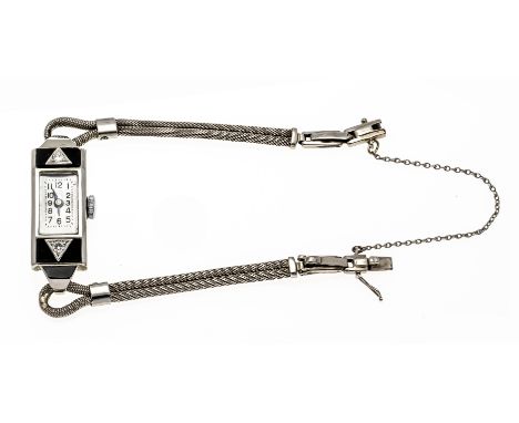 Eszeha ( Karl Scheufele-Chopard) Damenuhr 750/000 WG, um 1900 Art Deco`, mit Onyx und 2 Brillanten zus. ca. 0,10ct. in Krappe