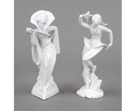 Zwei Art Deco Figuren, Volkstedt, Thüringen, Ende 20. Jh., Entwurf Otto Gustav Louis Kramer (1890 - 1978) für   Schwarzburger