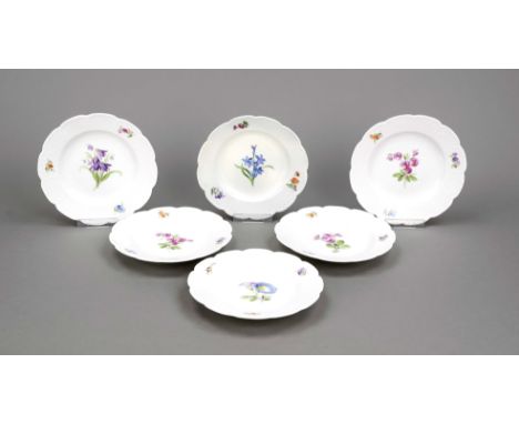 Sechs Brotteller, Meissen, mehrheitl. Knaufschwerter 1850-1924, 2. W., Form Osier, polychrome Blumenmalerei im Spiegel und au