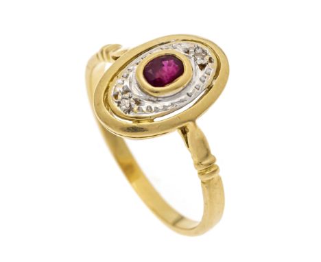 Rubin-Ring GG/WG 585/000 ungest., gepr., mit einem oval fac. Rubin 4 x 2,7 mm Rot, opak und 2 Achtkant-Diamanten, zus. 0,01 c