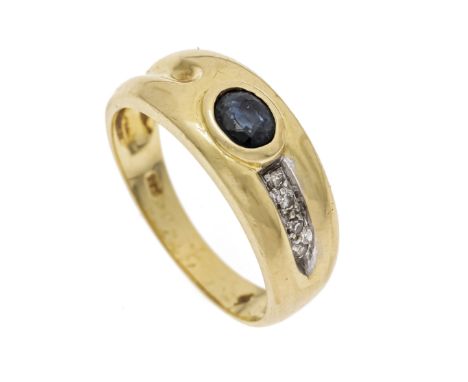 Saphir-Diamant-Ring GG/WG 585/000 mit einem oval fac. Saphir 5 x 3,9 mm Blau, transluzent und 4 Achtkant-Diamanten, zus. 0,02