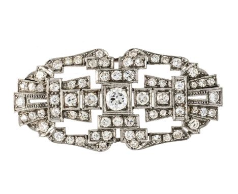 Art Déco-Brosche Platin 850/000 ungest., gepr., mit 67 Altschliff-Diamanten, zus. 2,65 ct W-l.get.W/VS-SI, L. 46 mm, 10,1 g