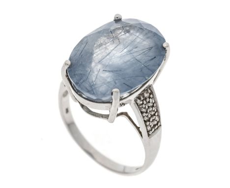 Rutilquarz-Ring WG 375/000 mit einem oval fac. Rutilquarz 18 x 13 x 9 mm, Hellblau, transluzent, und 16 Achtkant-Diamanten, z