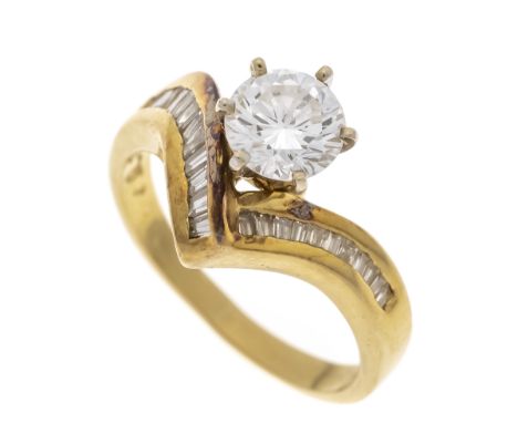 Brillant-Ring WG 750/000 mit einem Brillanten 1,0 ct Feines Weiß - Weiß (G-H)/VVS-VS, 18 Baguette-Diamanten, zus. 0,18 ct, 3 