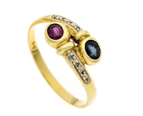 Rubin-Saphir-Ring GG/WG 585/000 mit einem oval fac. Rubin 4,0 x 3,3 mm, einem oval fac. Saphir 4,0 x 3,3 mm und 8 Achtkant-Di