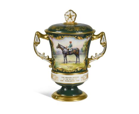 An Aynsley two-handled racing cup and cover, to commemorate 'The Golden jubilee of the revival of The Yorkshire Cup', the han