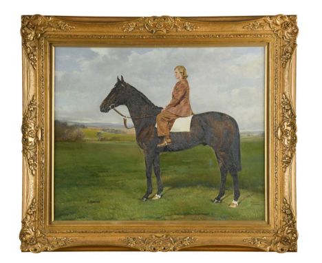 Robert Anscomb (20th century) Portrait of Lady Murless (1915-1993) mounted on Buckhound (b.1949) in an extensive landscapesig