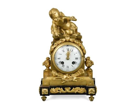 A French ormolu mantel clock, 19th century,  the painted dial surmounted by a winged putto holding out a wreath, the case wit