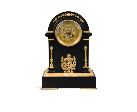 A French black marble dome top mantel clock, 19th century the case front with gilt metal mounts in neo-classical style, 9.5cm