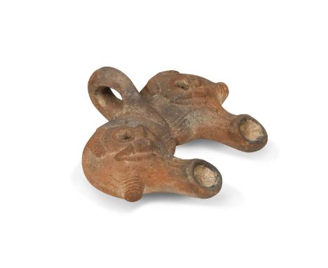 A rare Roman-Egyptian pottery double spout oil lamp, both reservoirs moulded with a frog 14 x 12cmProvenance: Collection of H