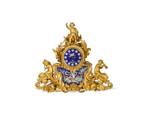 A French ormolu and porcelain mantel clock, 19th century,  the Rococo design case surmounted by a seated putto and flanked by