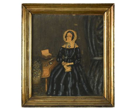 British Naive School, 19th century Portrait of a lady seated in an interior, said to be Mrs Le Vetté [sic.; possibly Levett]i