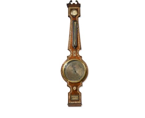 A mother-of-pearl inlaid wheel barometer by R. Camotta, Halifax,  the swanneck pediment above silvered hygrometer, bowfronted