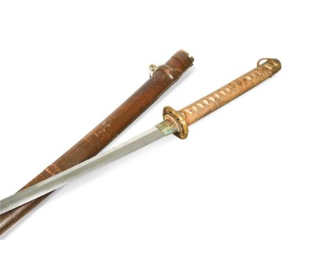 A Japanese World War II sword,  of traditional design with bound sharkskin grip, flower head mounts including tsuba, 67.5cm c