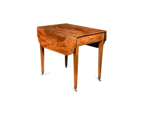 A George III inlaid mahogany Pembroke table, the shaped drop-flap top over a single end drawer and opposing dummy drawer rais