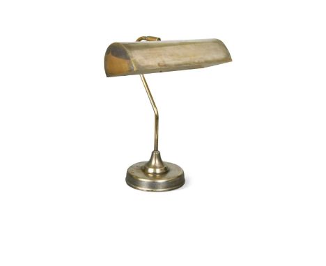 A brassed metal banker's lamp, 20th century, with angle-adjustable shade on a swan-neck stem and weighted base38cm highsome w