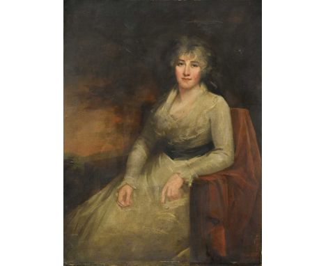 Follower of George Henry Harlow Portrait of a lady, three-quarter length, seated in a landscape oil on canvas, unframed 112 x