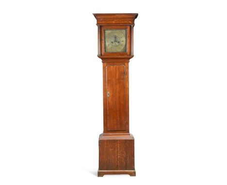 An oak country longcase clock, 18th century, the 11inch brass dial signed 'Joseph Hampson' below VI, with calendar dial and 8