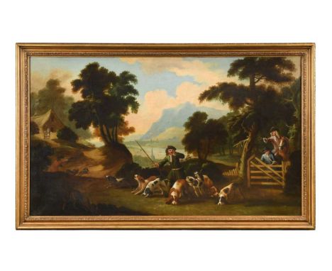 Anglo-Dutch School, 18th century An extensive landscape with a hunting party and spaniels chasing a hare oil on canvas88 x 14