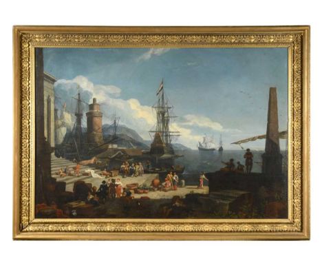 Follower of Adrien Manglard Capriccio view of a Mediterranean harbourpossibly signed with a monogram (on the crate on the ste
