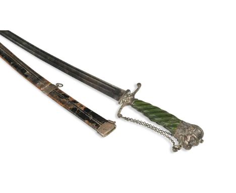 An English silver mounted hunting hanger, circa 1770,  the curved fullered blade double-edged towards the point, cast and cha