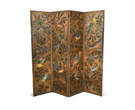 A painted leather four-fold screen, 19th century, the rectangular panels painted with exotic birds within scrolling foliate 1