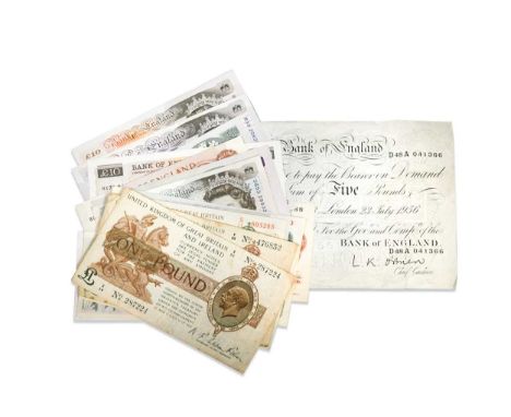 A collection of English banknotes, including 1956 L. K. O'Brien five pounds white banknote July 23rd London No. D48A 041366, 