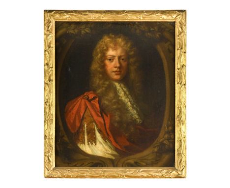 Circle of Mary Beale (1633-1699) Portrait of a gentleman, bust-length, wearing a red cloak, in a feigned stone cartouche oil 