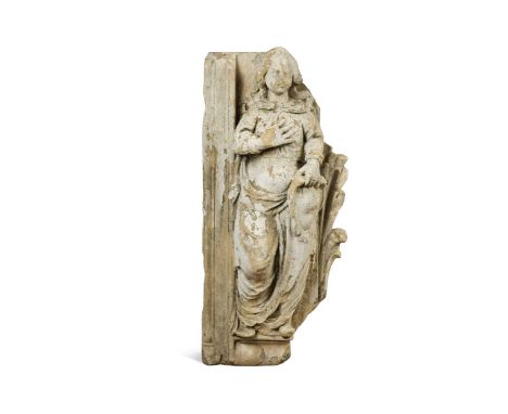 A limestone carving, 15th century, possibly French, of a figure standing with right arm to their chest 72 x 33 x 15cm approxi