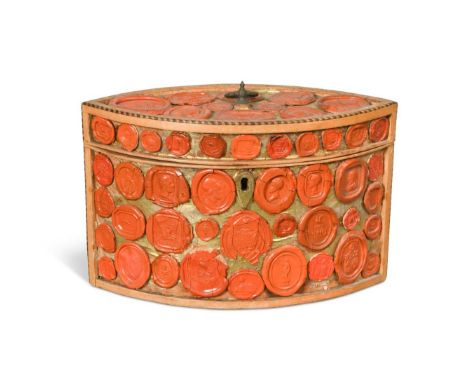 A George III wax seal tea caddy,  of elliptical shape with barber's-pole edge stringing, lid to interior with bone finial13 x