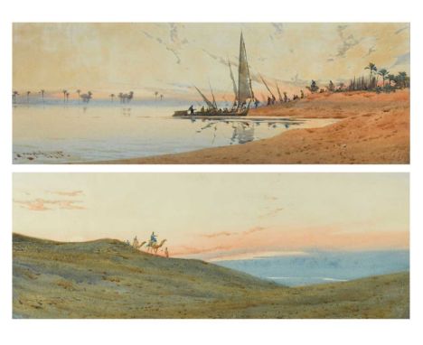 Augustus Osborne Lamplough (1877-1930) Feluccas on the River Nile at sunset; and Camel riders in the desert at sunsetsigned a