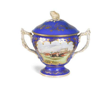 Racing interest - A Coalbrookdale two-handled trophy cup,  the blue ground body gilt with trailing vines and reserved with a 