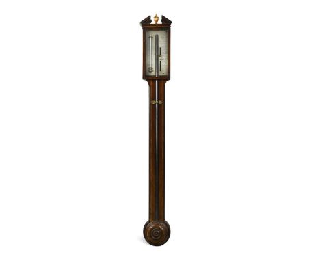 A mahogany stick barometer by Baptista Ronchetti, early 19th century, the broken arch pediment with bone urn finial above sil