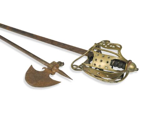 A Victorian Scottish basket hilted sword,  the 73.5cm blade with brass hilt composed of flattened rounded bars united by pier