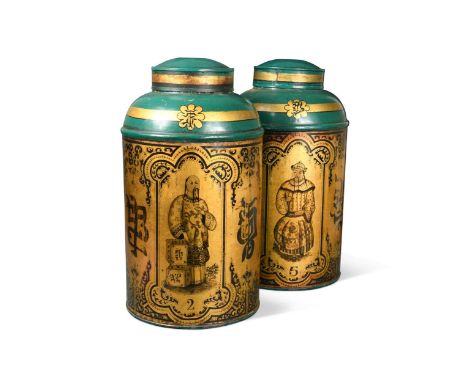 A pair of green Toleware tea cannisters, 19th century, each with pierced cover and chinoiserie figural design in black and gi