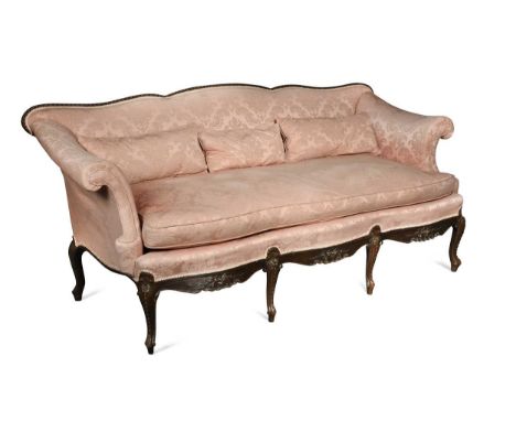 A George III style mahogany three-seater sofa, late 19th century, the shaped back with bead moulded edge with outscrolling ar