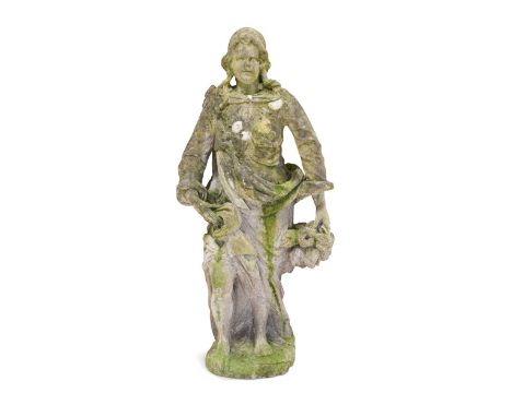 An English carved Sandstone garden figure of a young woman, early to mid 18th century standing full length and bare foot, in 