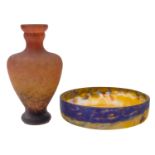 A Muller Freres Luneville frosted glass vase of baluster form and of mottled orange,