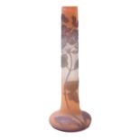 A Gallé glass vase the squat base with slender elongated neck decorated with acid etched lilac