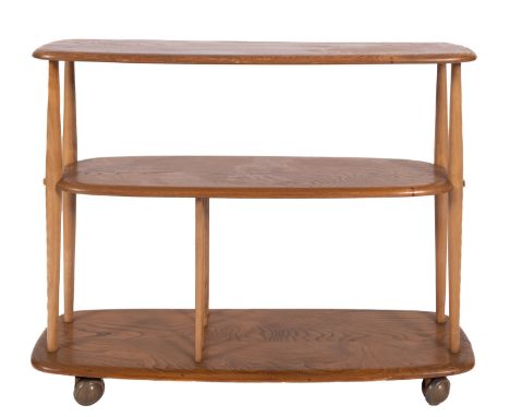 A set of Ercol light elm and beech 'room divider' shelves, circa 1960s; the rectangular top, shelf and base with shallow bowe