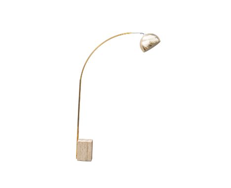 A large Italian metal and stone mounted floor lamp, modern; the arched telescopic stem with domed shade, above a rectangular 