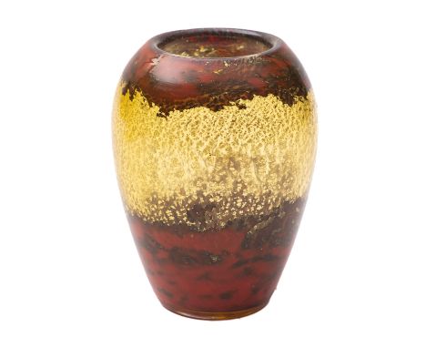 A Muller Freres Luneville glass vase of oviform  and with a central amber band with gold inclusions flanked by mottled orange