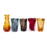 Four Powell & Sons Whitefriars twisted lobed vases,